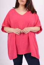 Plus Size Cotton gauze loose V-neck tunic