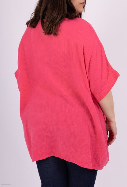 Plus Size Lösa V-ringad Tunika i Bomullsgaze