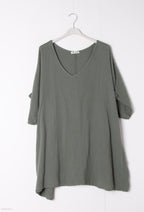 Cotton gauze loose V-neck tunic i Stor Storlek