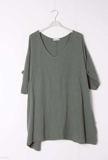 Plus Size Cotton gauze loose V-neck tunic
