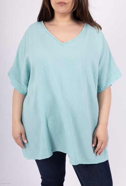 Plus Size Cotton gauze loose V-neck tunic