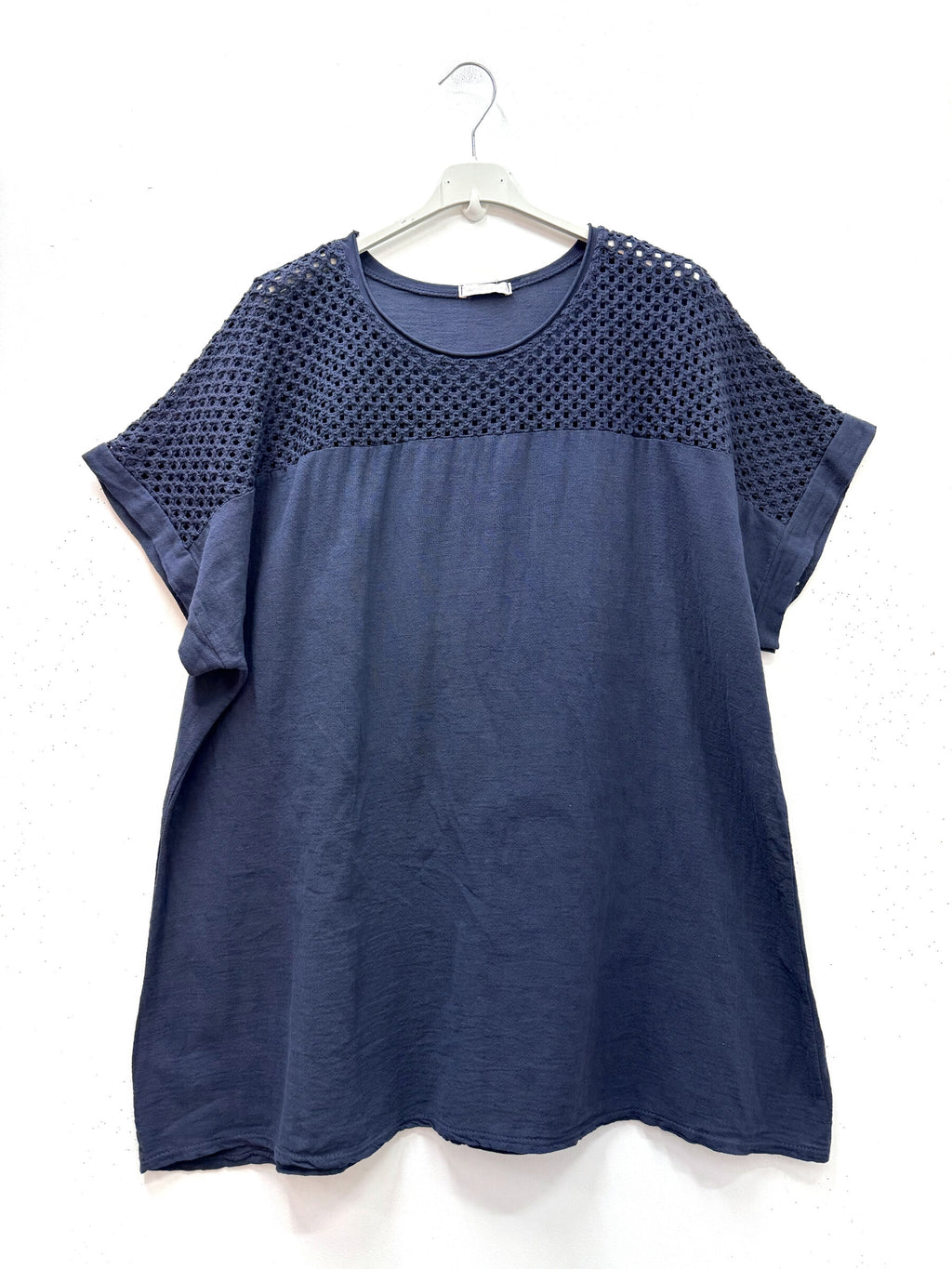 Cotton-linen tunic med openwork topp i Stor Storlek
