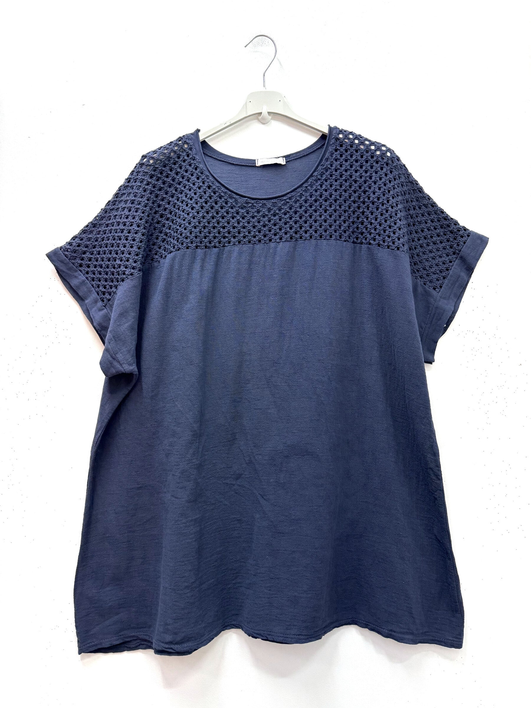 Cotton-linen tunic med openwork topp i Stor Storlek