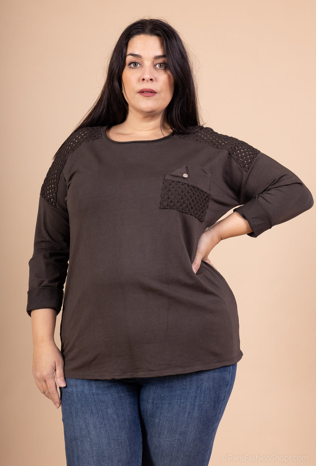 Openwork stretch cotton tunic sizes T38 to T50 i Stor Storlek