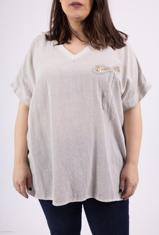 Plus Size Cotton-linen V-neck tunic
