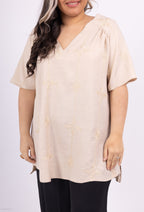Plus Size V-ringad tunika med tygbroderi för sommaren