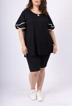 Plus Size Nyckelhåls Tunika med Fladdrande Ärmar