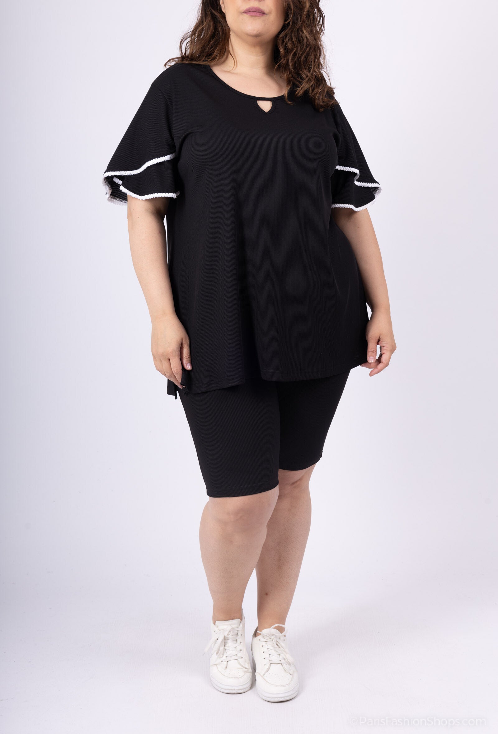 Plus Size Nyckelhåls Tunika med Fladdrande Ärmar