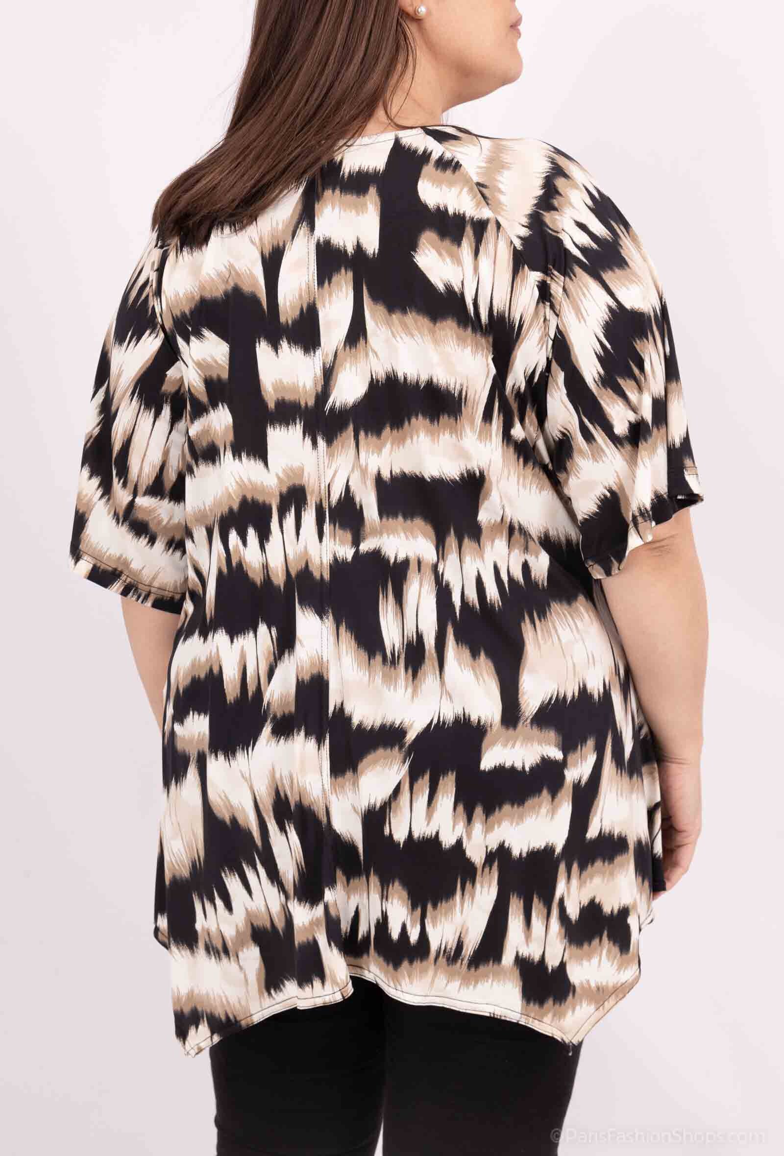 Plus Size Flared Printed Tunic with Openwork Collar