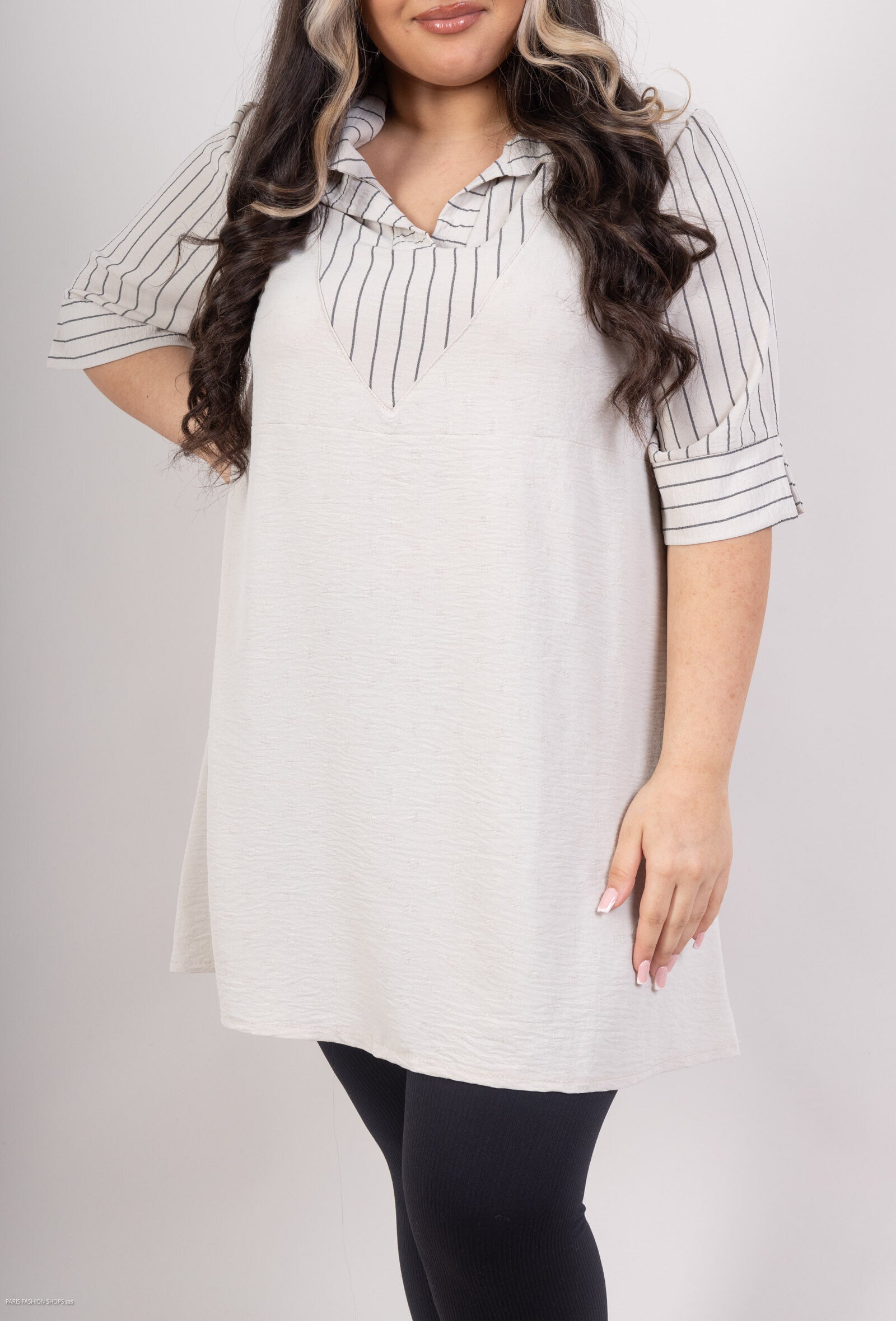 Plus Size False two -piece striped tunic with united