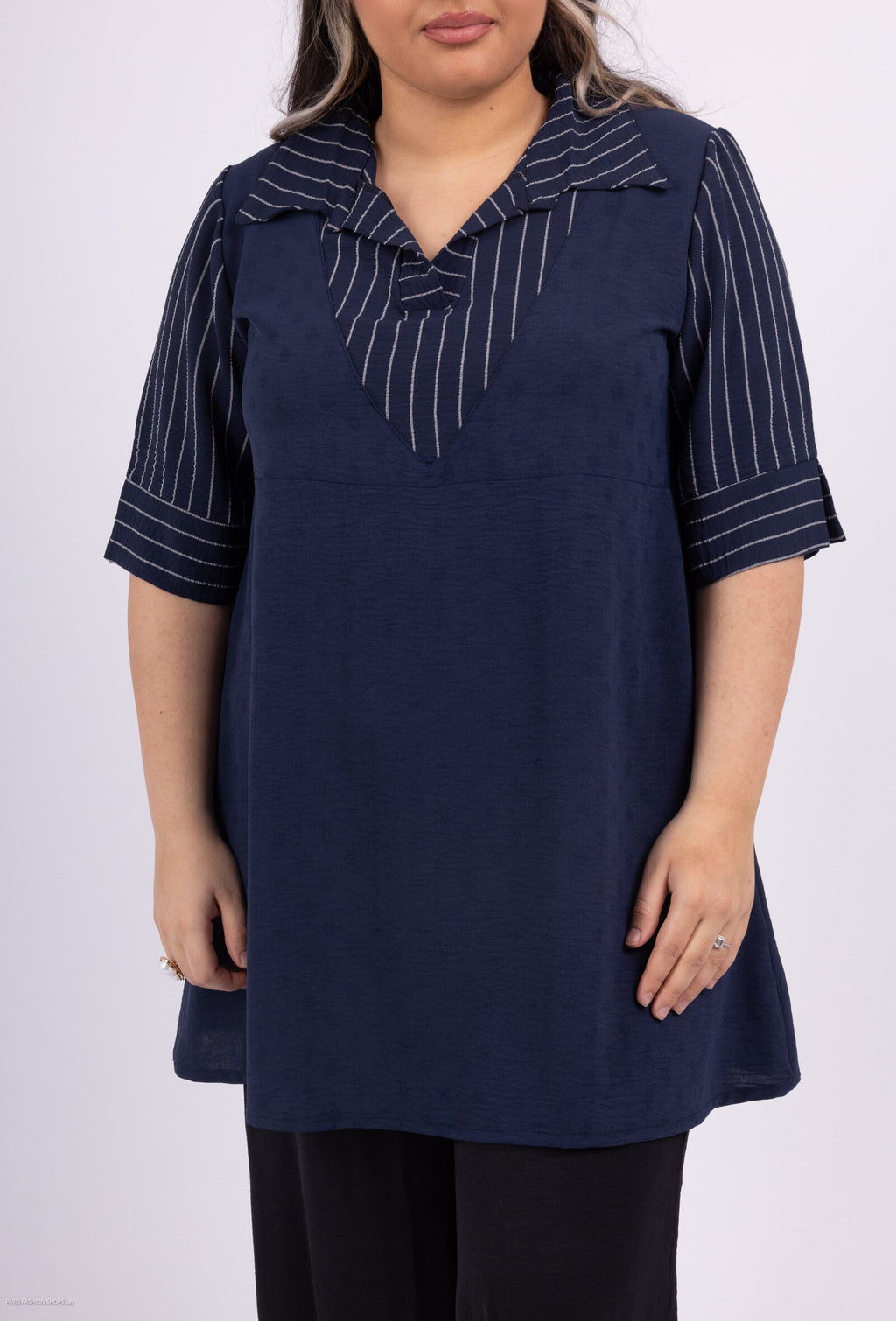 Plus Size False two -piece striped tunic with united