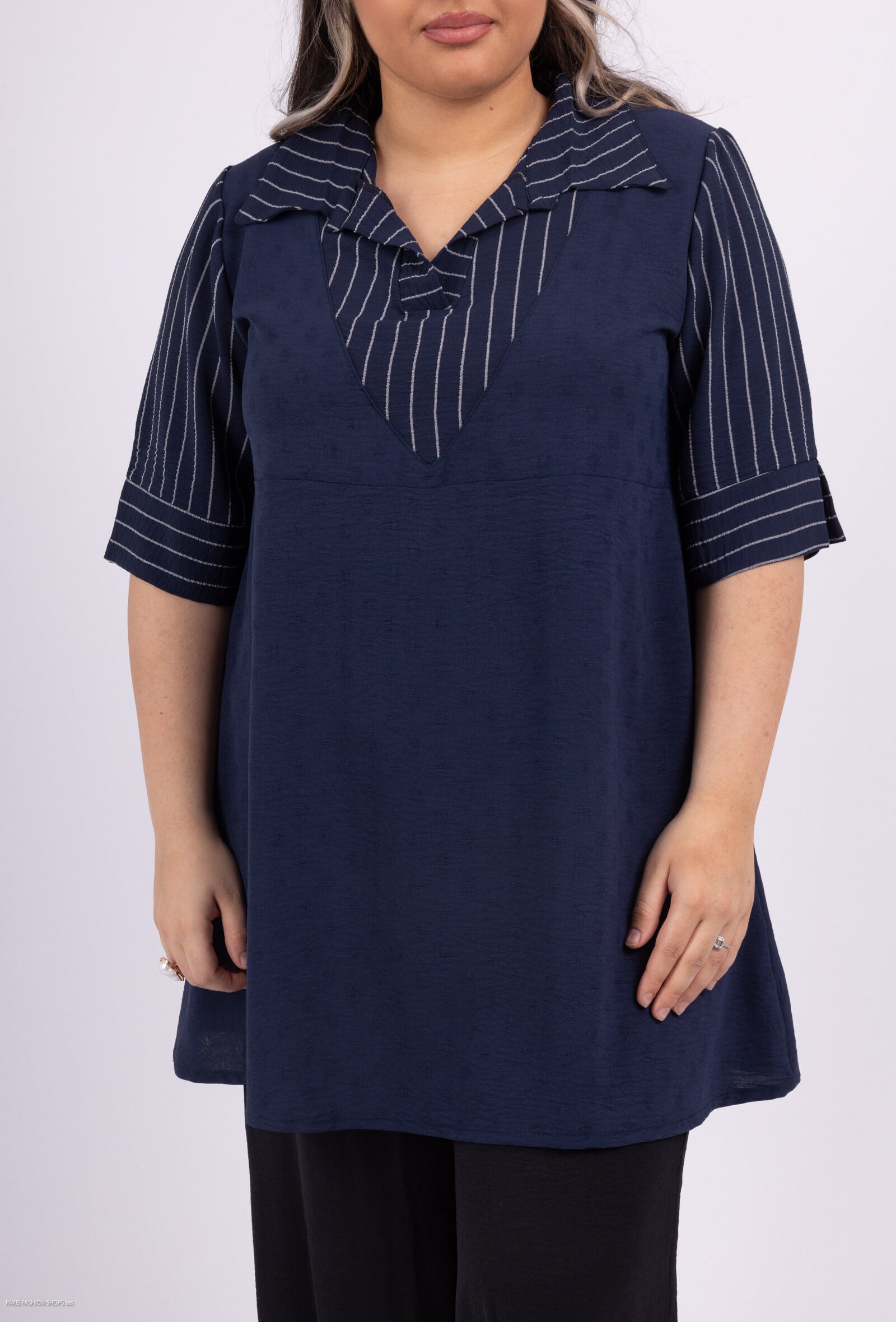 Plus Size False two -piece striped tunic with united