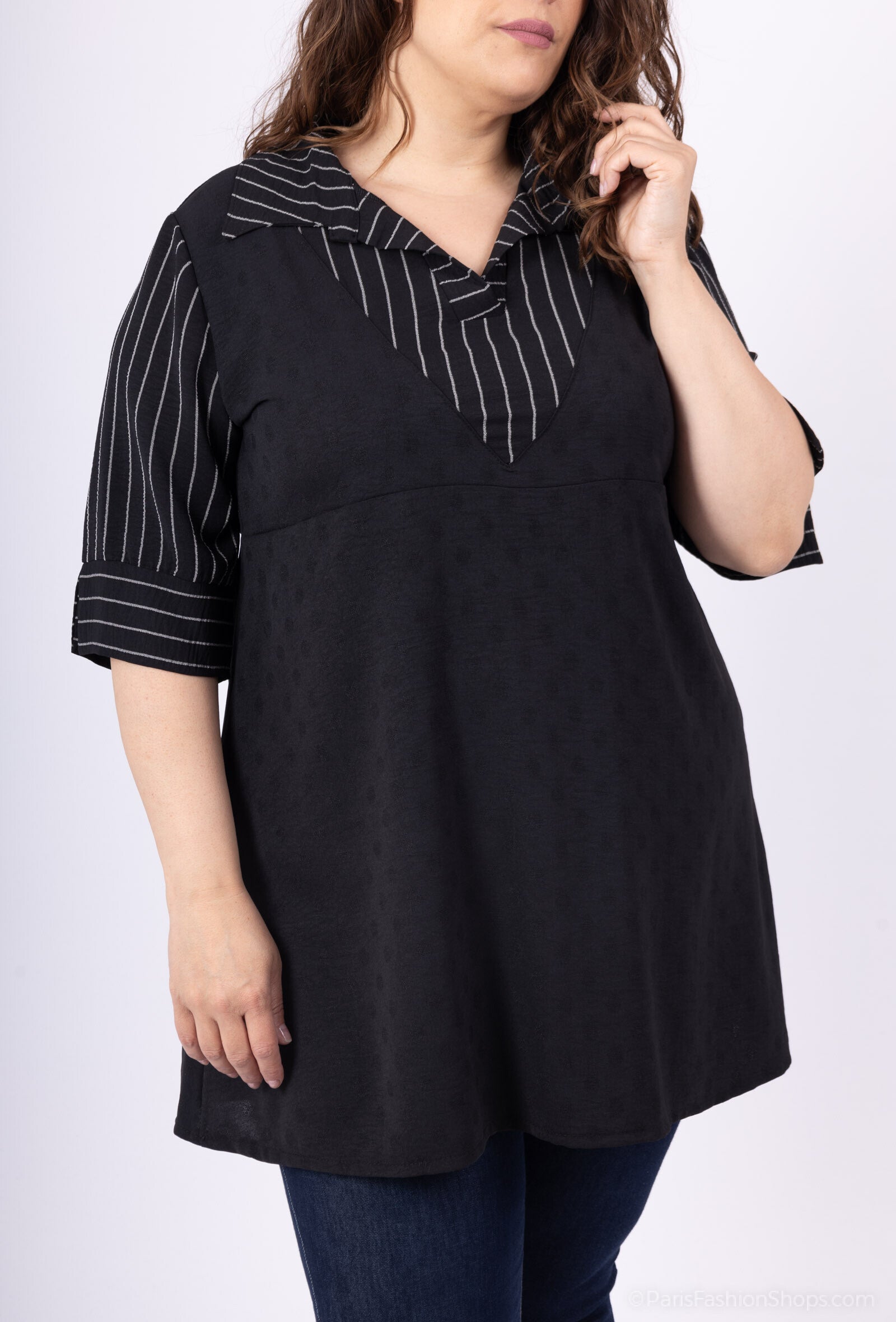 Plus Size False two -piece striped tunic with united