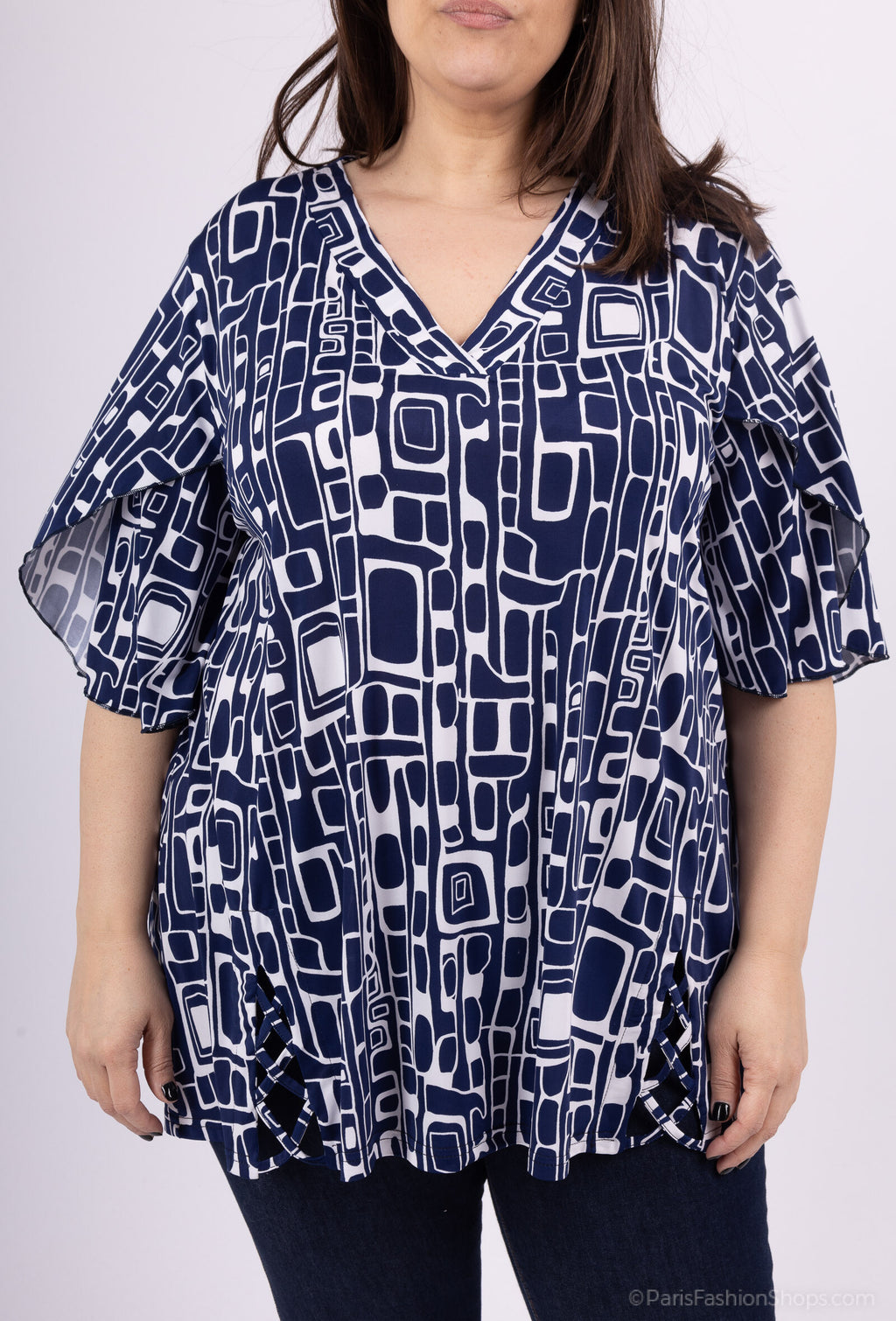 Plus Size Tryck Tunika med Öppen Arbetsdesign i Fjärilsärmar