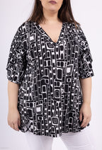 Plus Size Tryck Tunika med Öppen Arbetsdesign i Fjärilsärmar