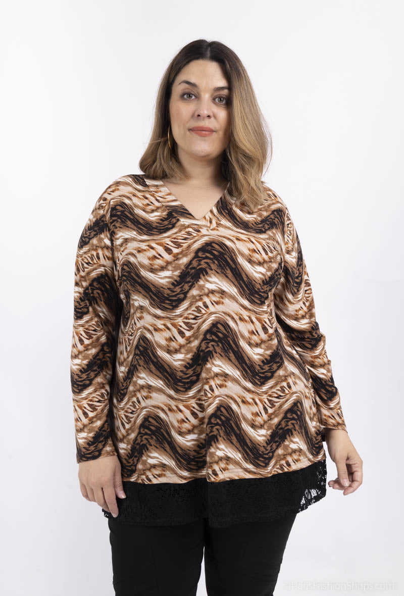 Plus Size Mönstrad Tunika med V-ringad Spets