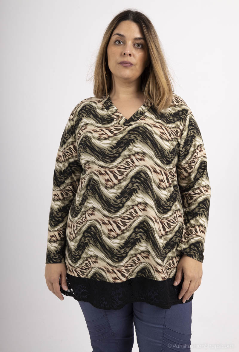 Plus Size Mönstrad Tunika med V-ringad Spets