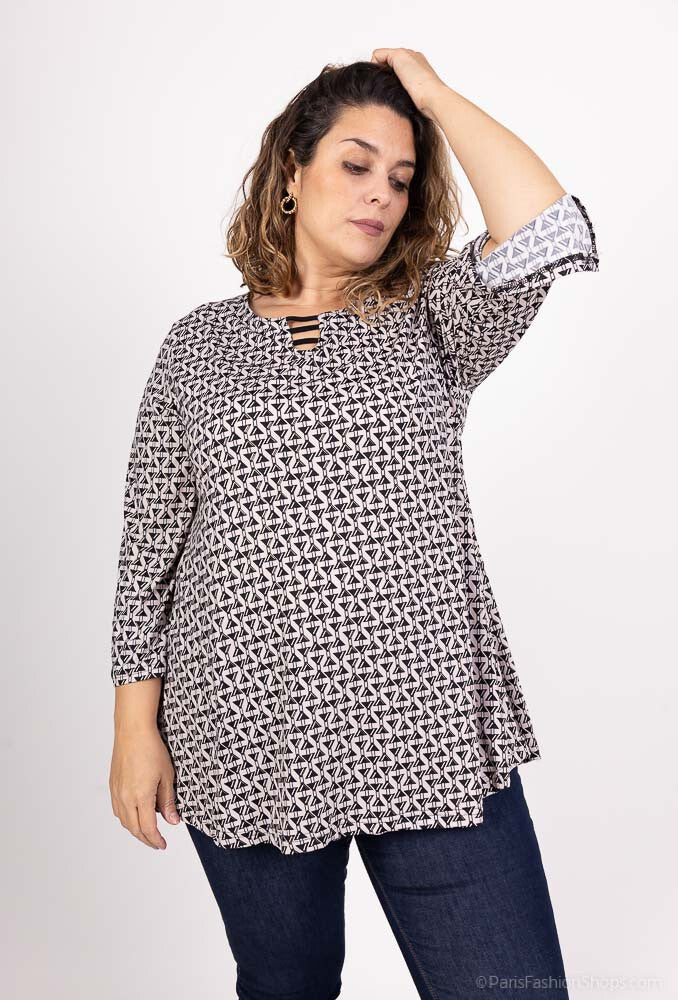 Plus Size Tryckt Tunika med Öppen Krage