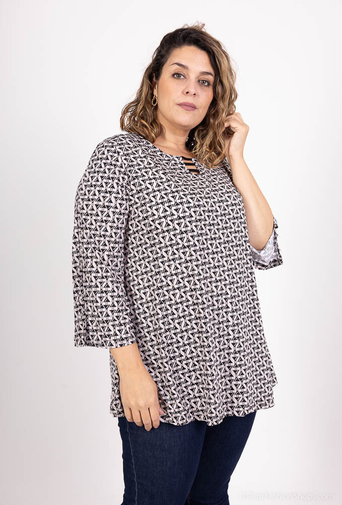 Plus Size Tryckt Tunika med Öppen Krage