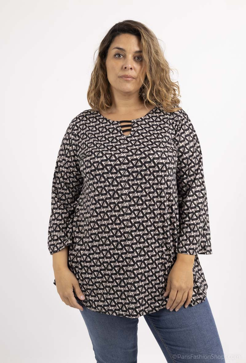 Plus Size Tryckt Tunika med Öppen Krage