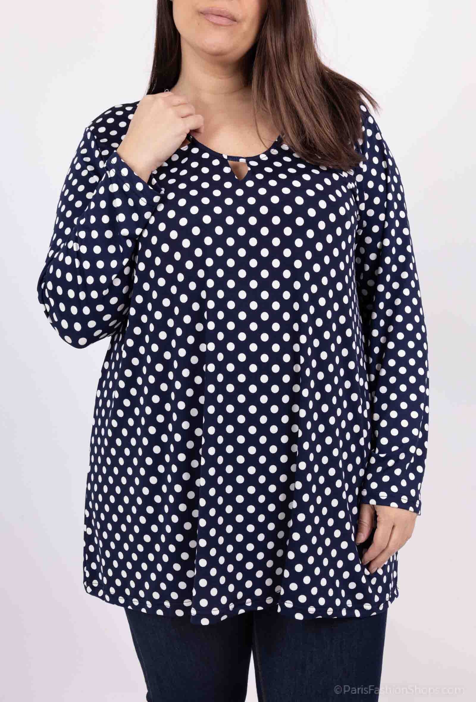 Plus Size Tunika med Prickigt Mönster och Öppen Krage