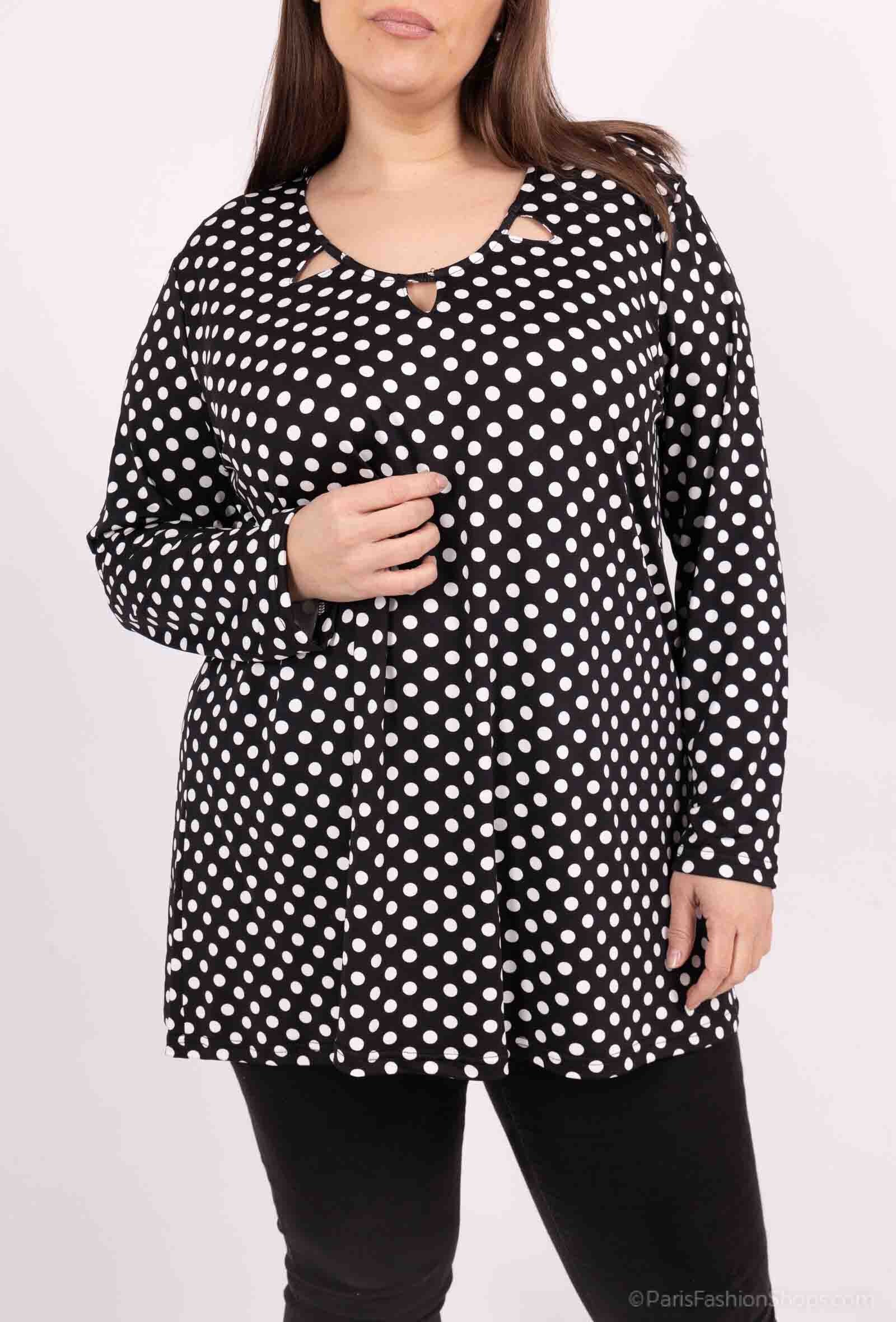 Plus Size Tunika med Prickigt Mönster och Öppen Krage