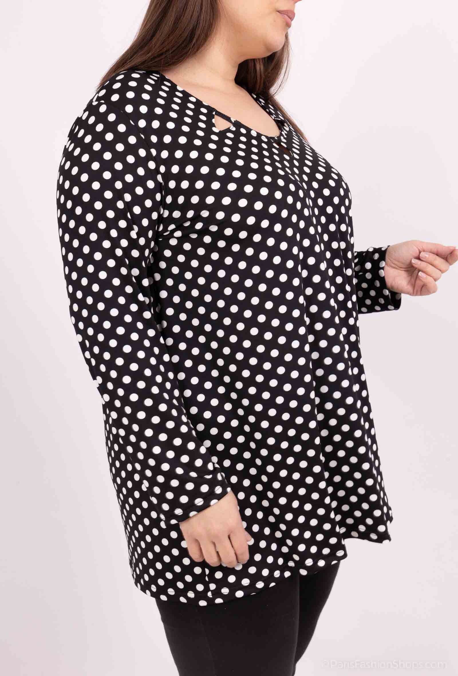 Plus Size Tunika med Prickigt Mönster och Öppen Krage