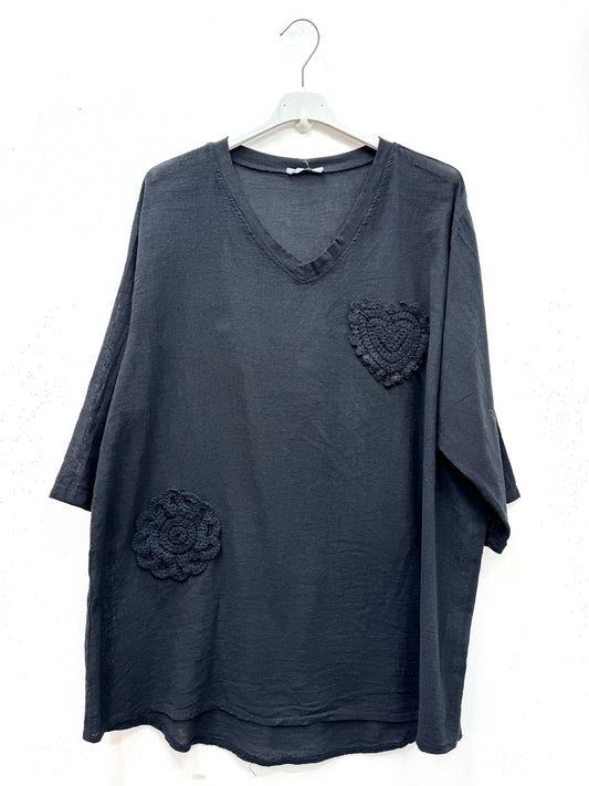 Plus Size Light cotton/linen tunic with crochet embroidery