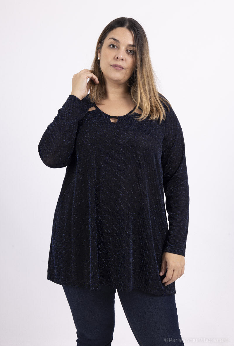 Plus Size Paljetttunika med Öppen Krage