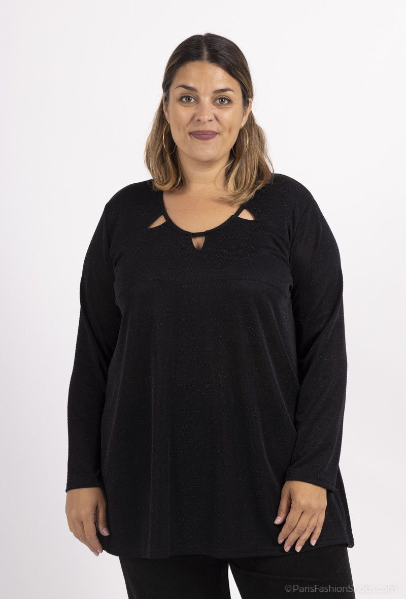 Plus Size Paljetttunika med Öppen Krage