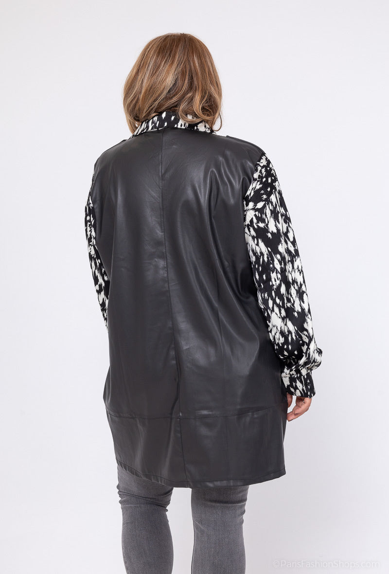 Plus Size Faux Leather Tunic med Mönstrade Ärmar