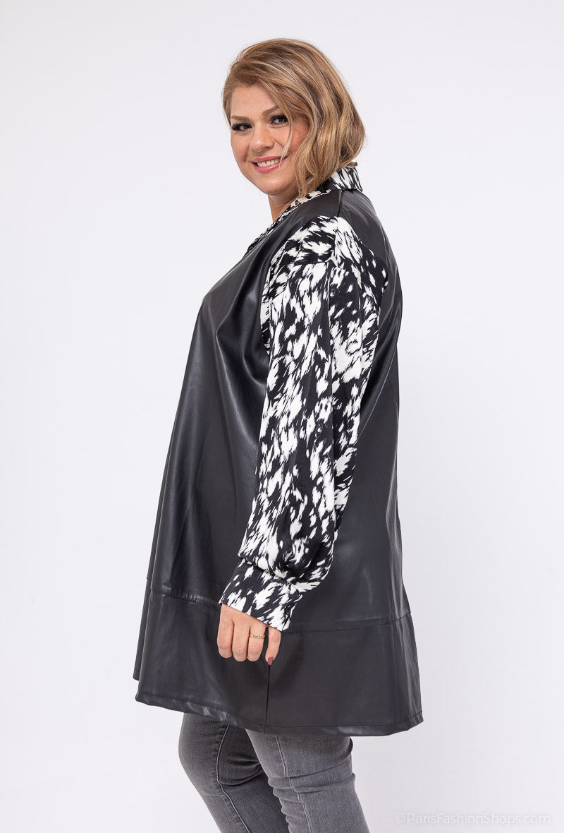 Plus Size Faux Leather Tunic med Mönstrade Ärmar