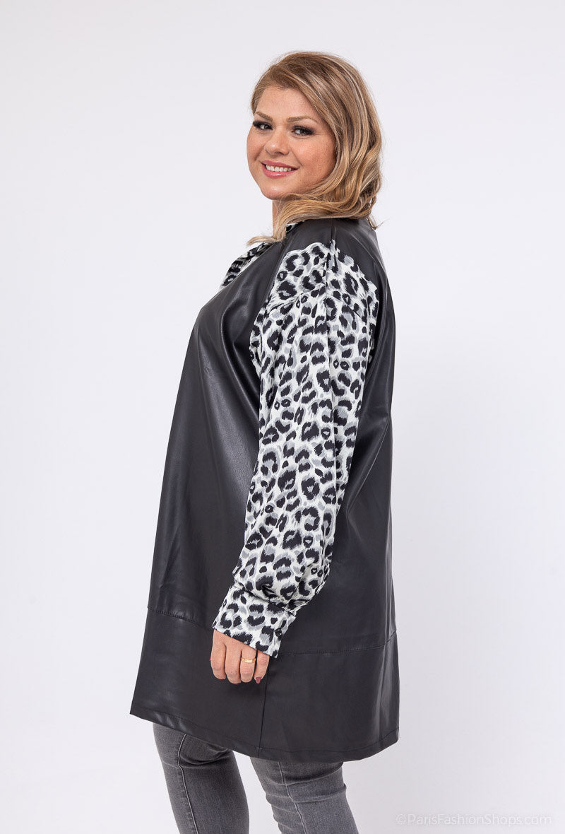 Plus Size Faux Leather Tunic med Tryckta Ärmar