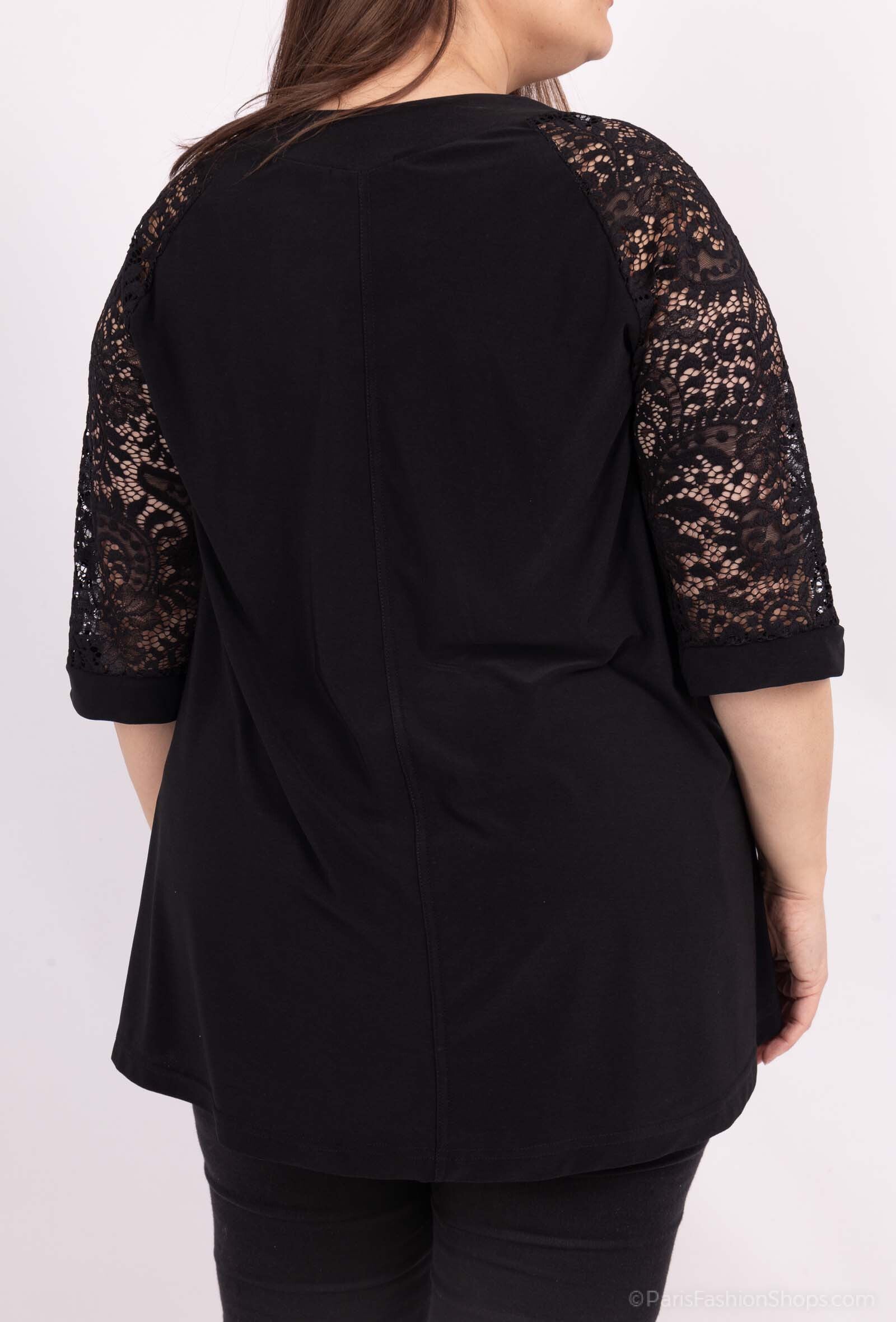 Plus Size Stretch Tunika med Spetsärm och Öppen Arbetsmönster