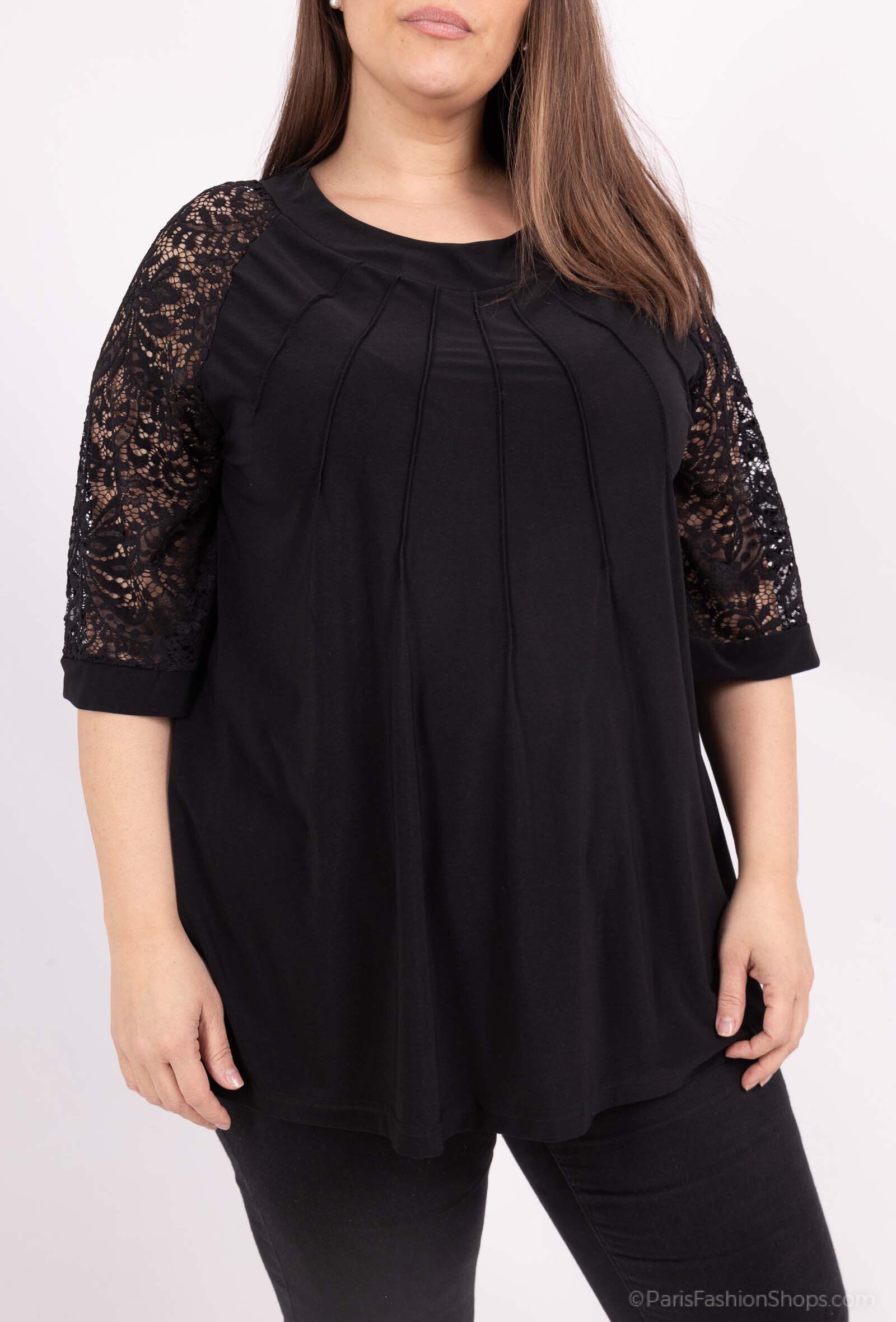 Plus Size Stretch Tunika med Spetsärm och Öppen Arbetsmönster