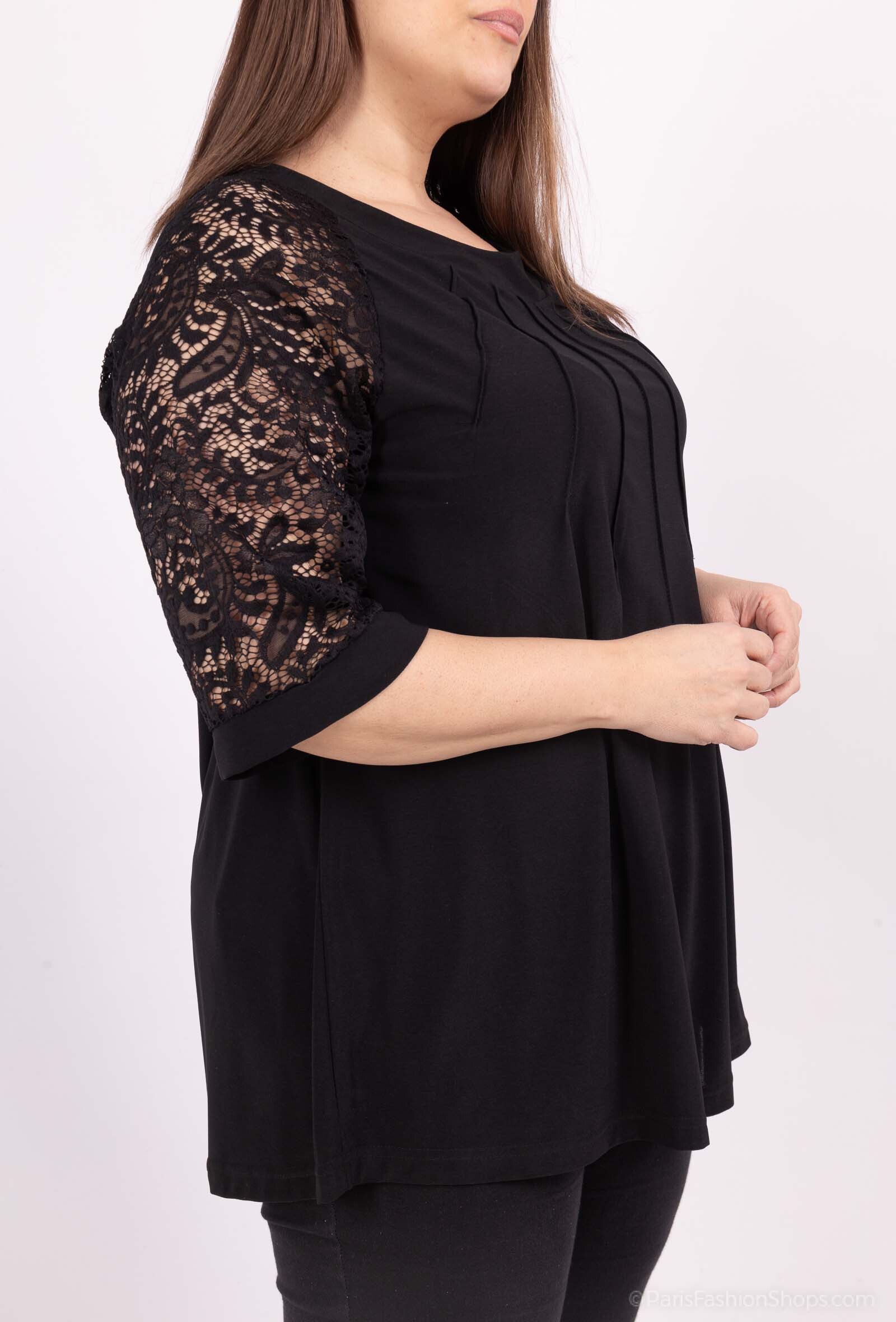 Plus Size Stretch Tunika med Spetsärm och Öppen Arbetsmönster