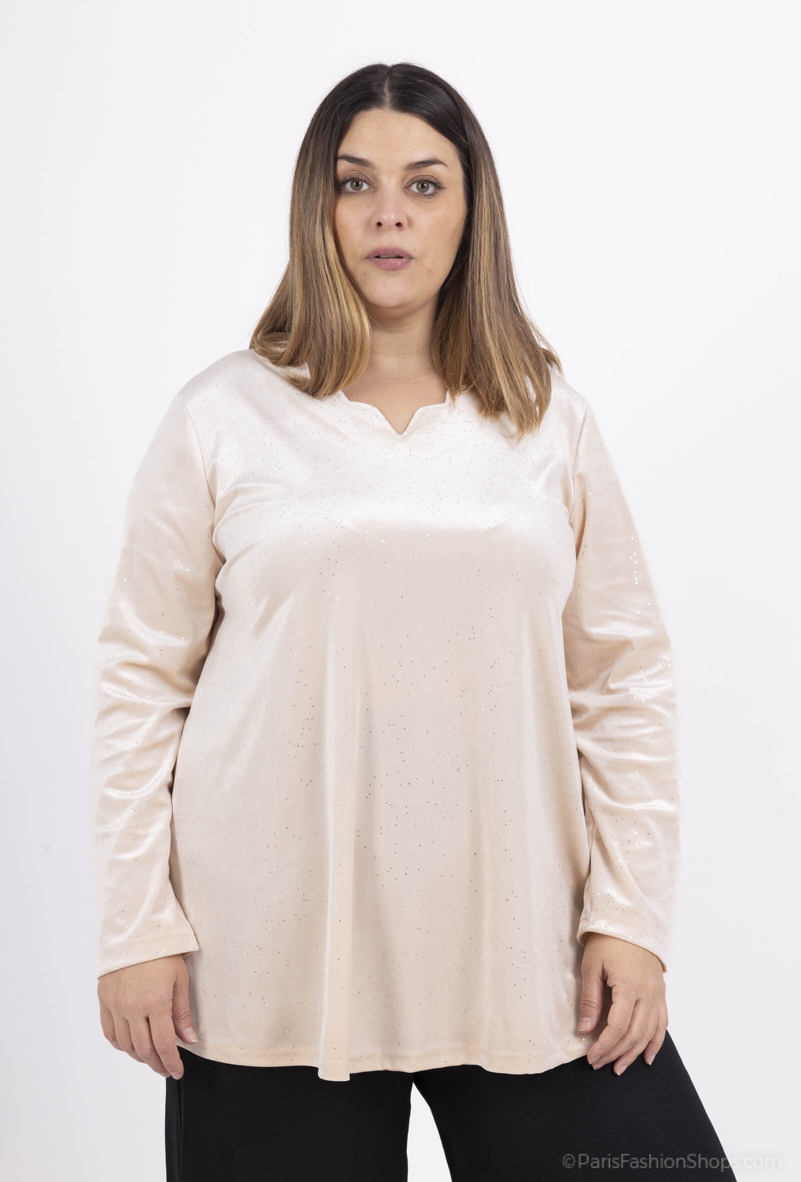 Plus Size Sequined velvet tunic with semi-circle neckline