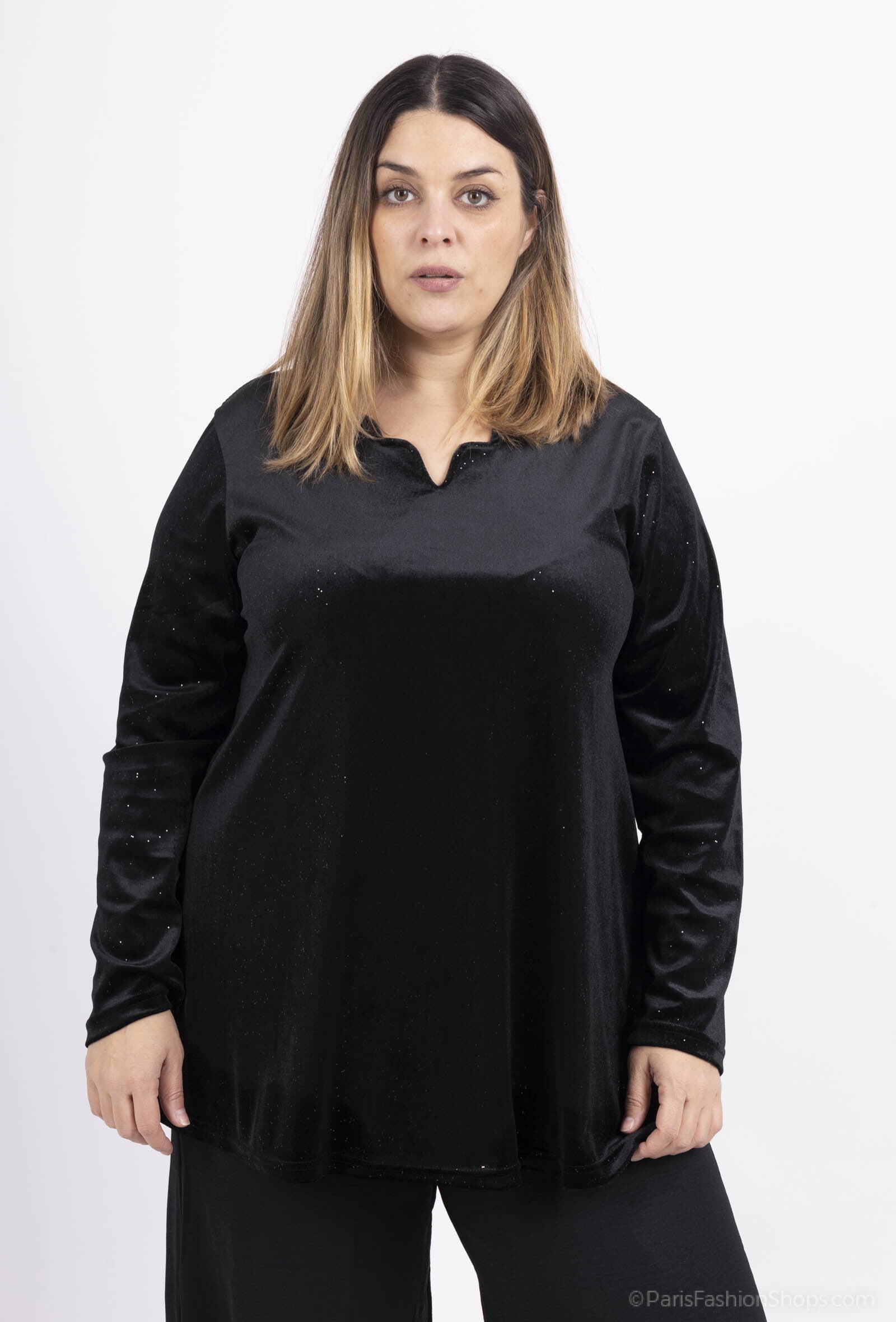 Plus Size Paljetter Velvet Tunika med Halvcirkelformad Halsringning