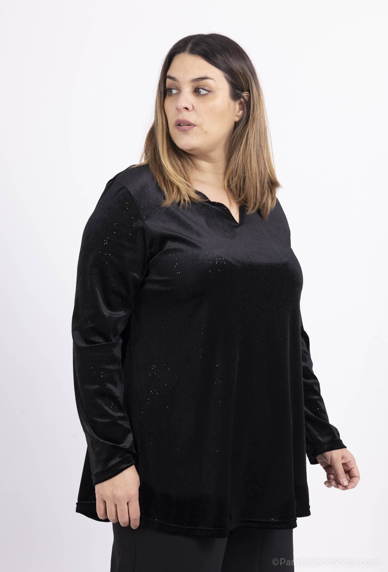 Glittrig velour tunika med halvcirkelformad halsringning i Stor Storlek