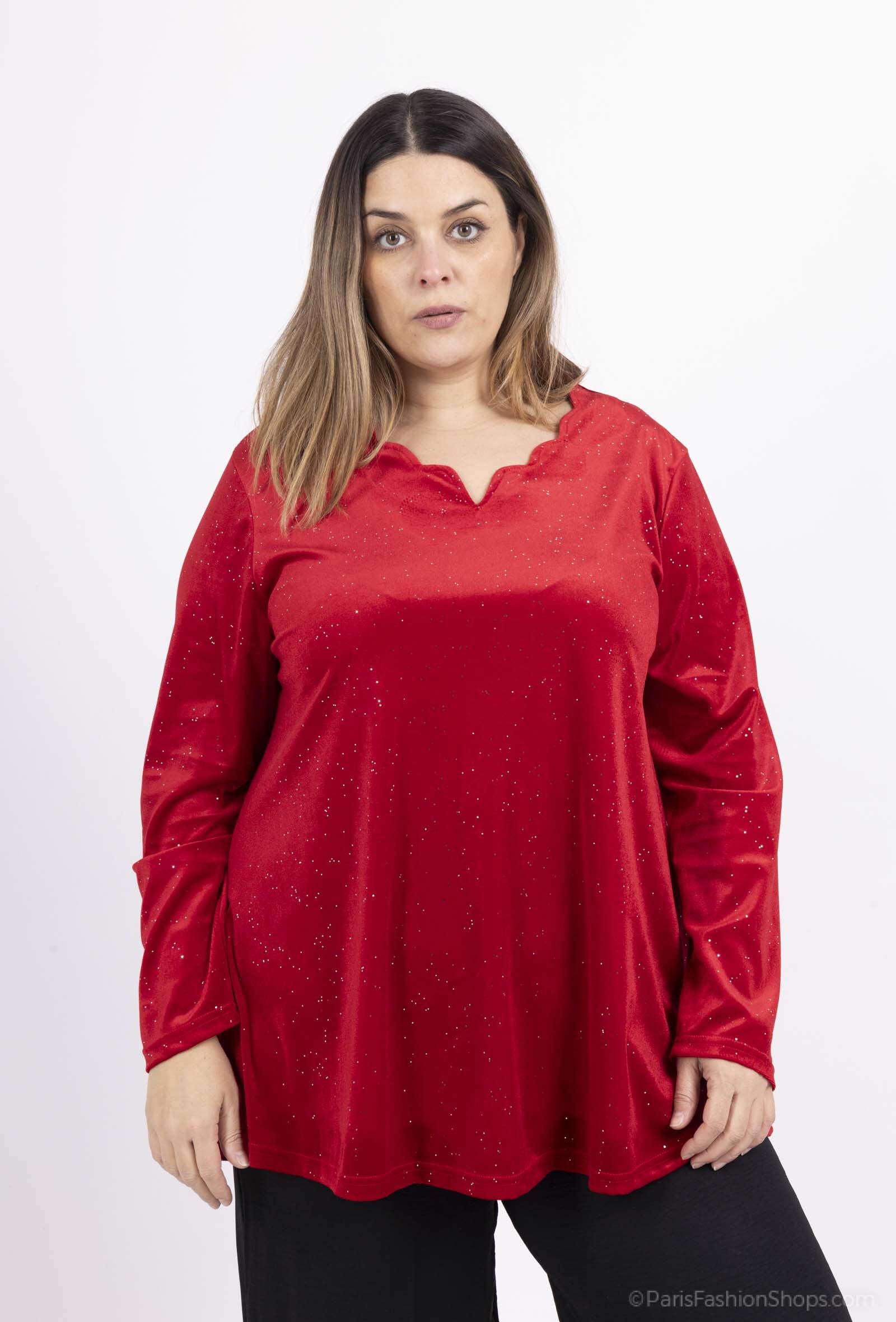 Plus Size Paljetter Velvet Tunika med Halvcirkelformad Halsringning