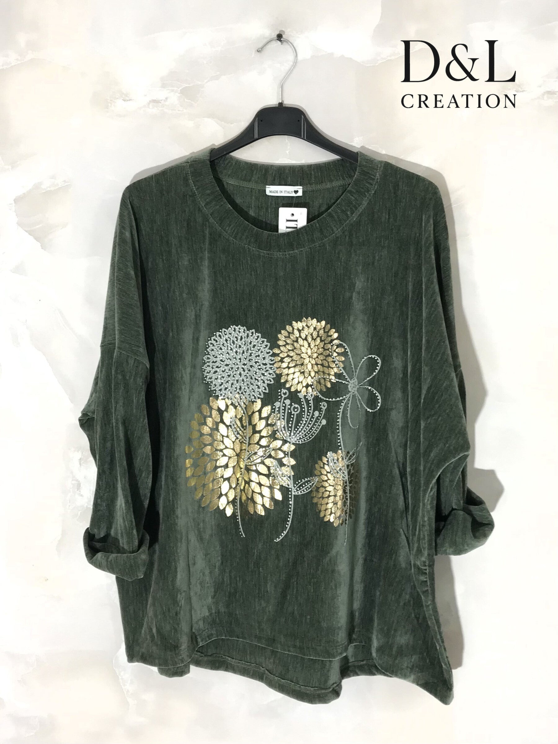 Velvet tunic with dandelion print sizes T38 to T54 i Stor Storlek