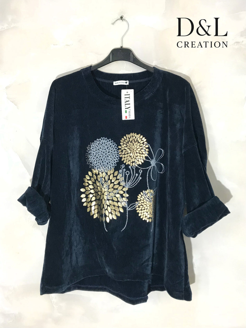 Velvet tunic with dandelion print sizes T38 to T54 i Stor Storlek