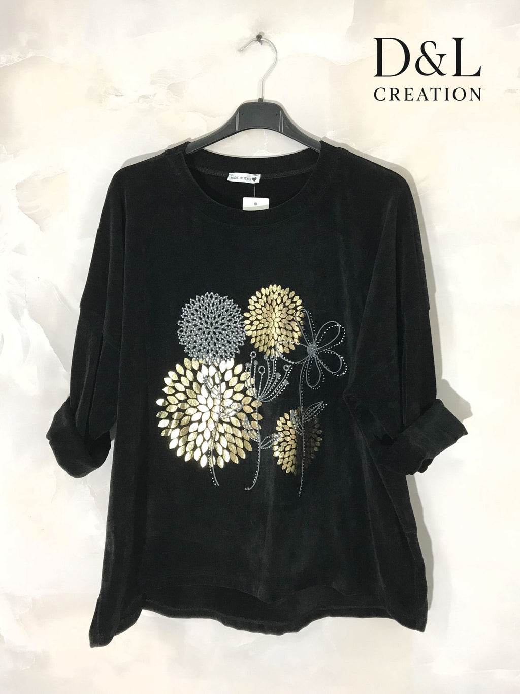 Velvet tunic with dandelion print sizes T38 to T54 i Stor Storlek