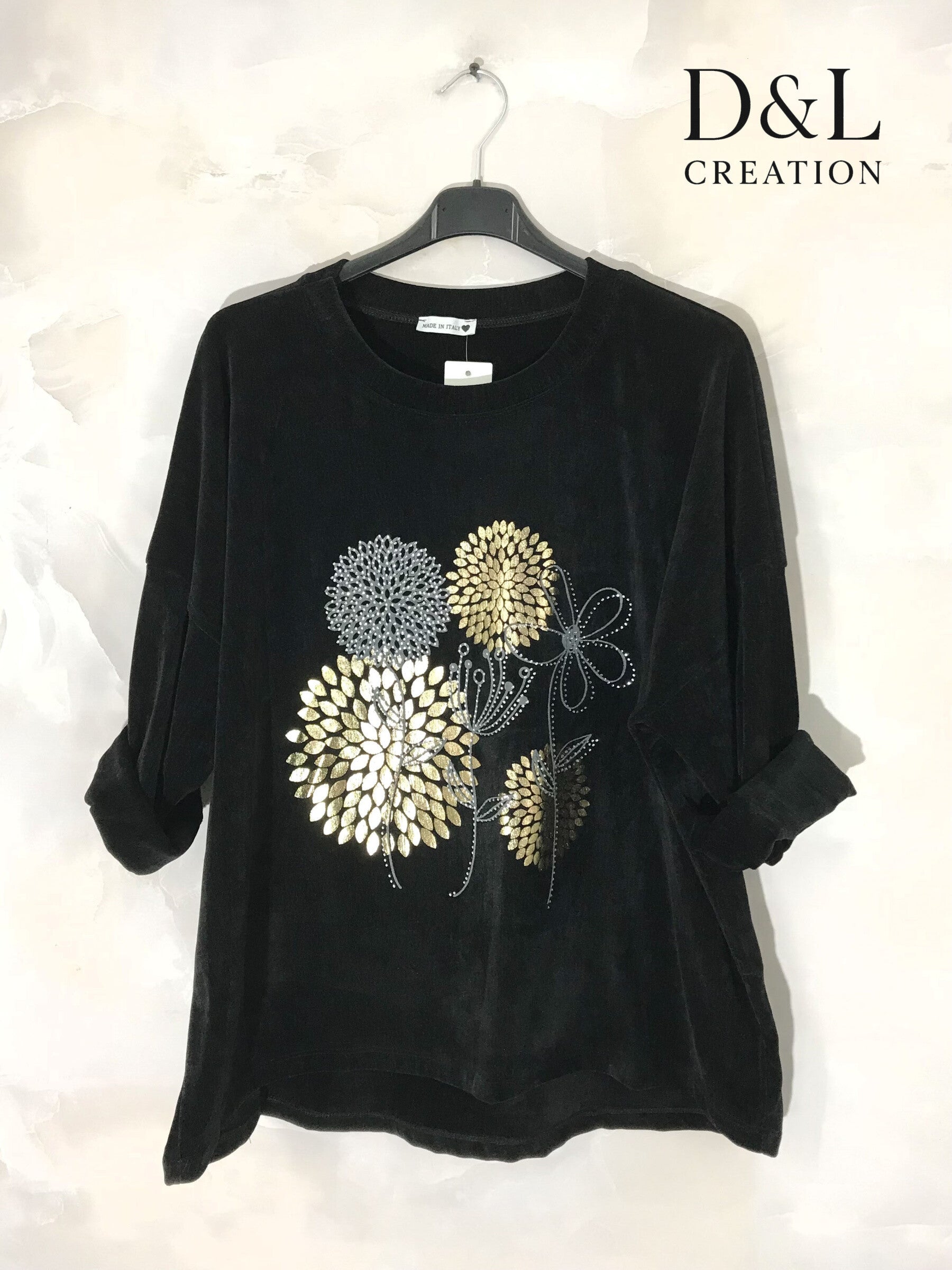 Velvet tunic with dandelion print sizes T38 to T54 i Stor Storlek