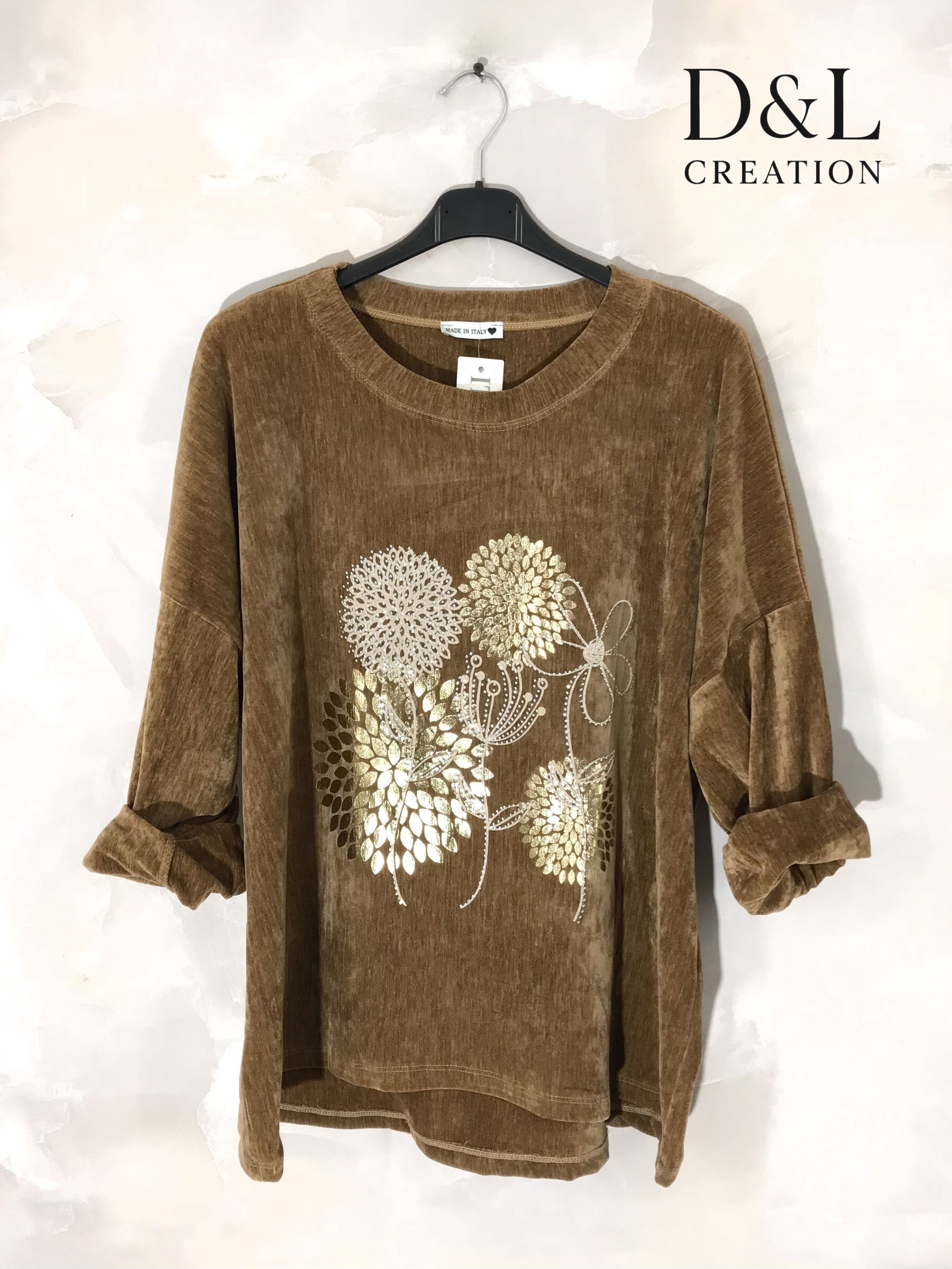 Velvet tunic with dandelion print sizes T38 to T54 i Stor Storlek