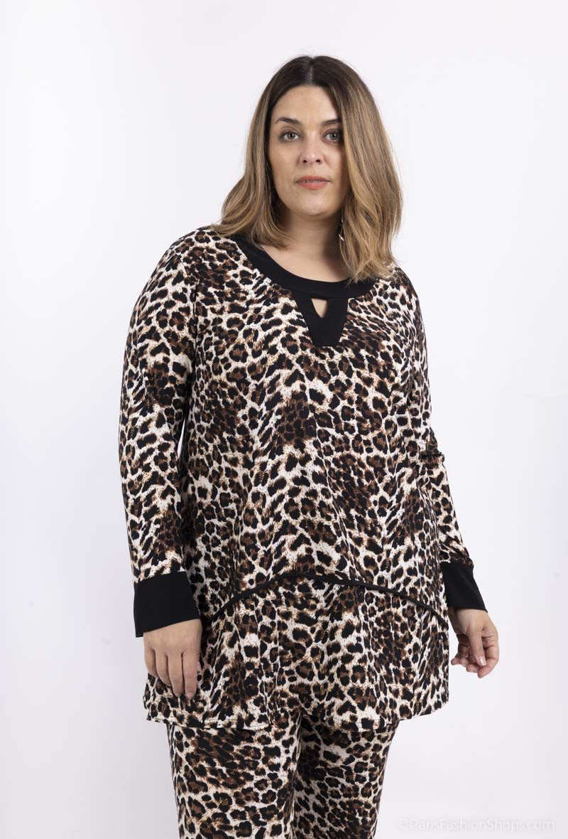 Plus Size Leopard Print Tunic med Nyckelhålsknäppning