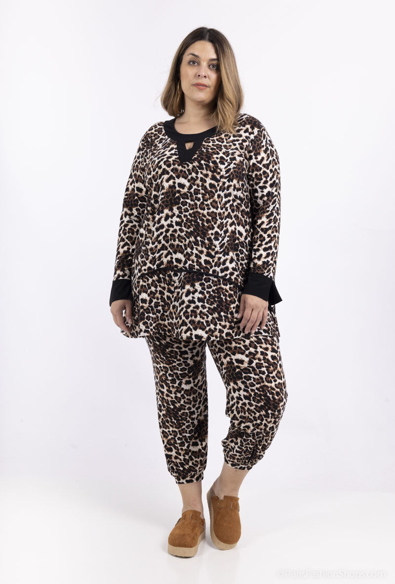 Plus Size Leopard Print Tunic med Nyckelhålsknäppning
