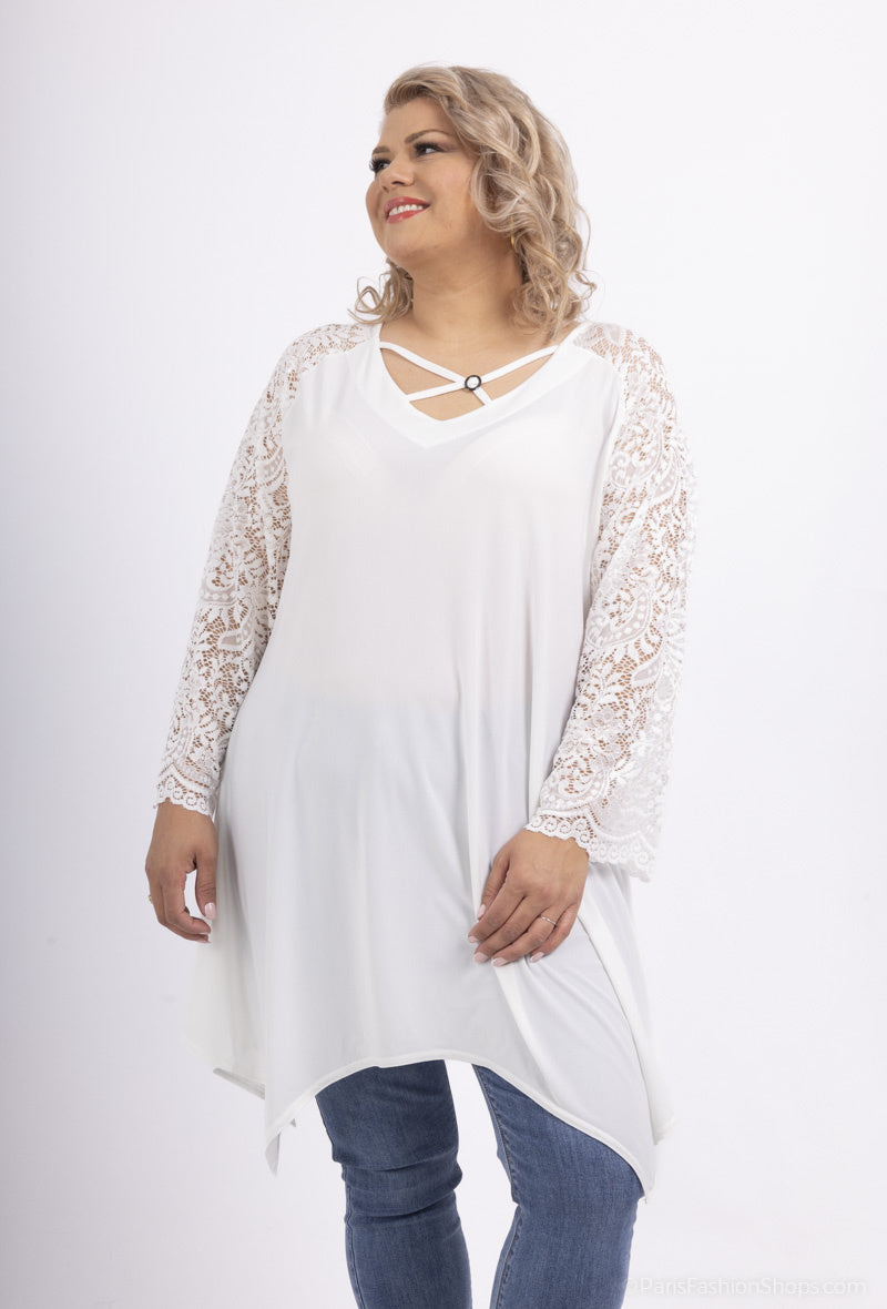 Plus Size Tunika med Korsade Remmar och Spetsärmar