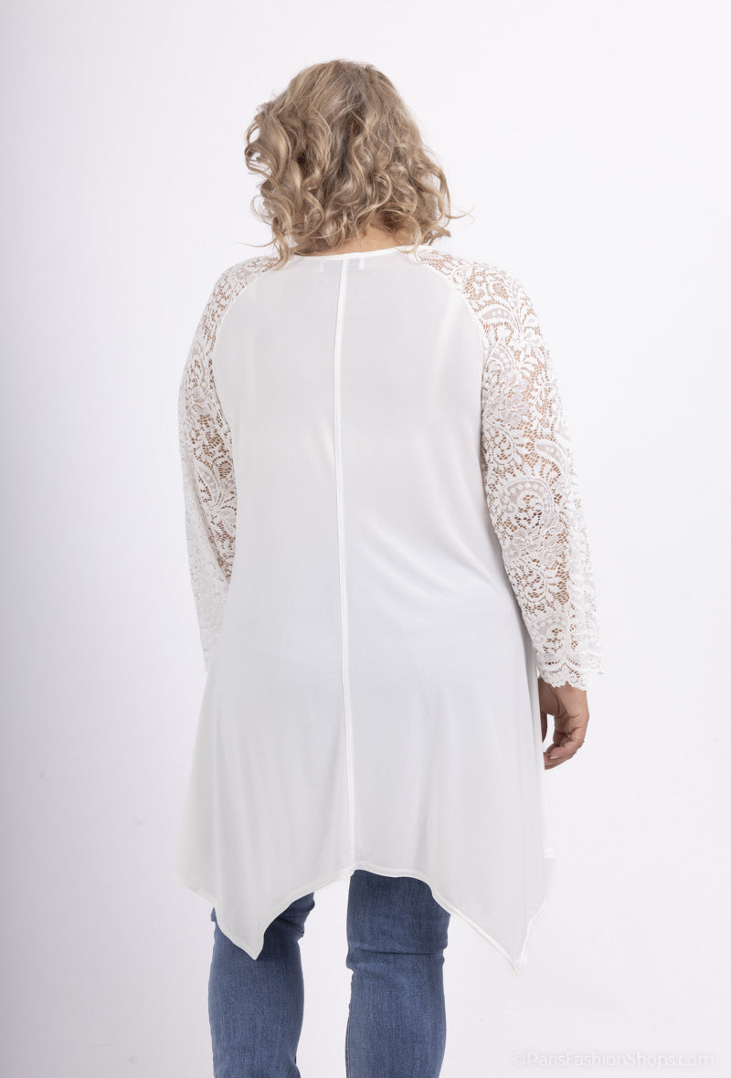 Plus Size Tunika med Korsade Remmar och Spetsärmar