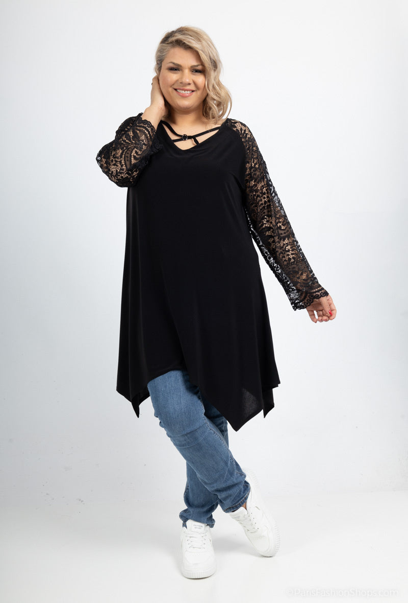 Plus Size Tunika med Korsade Remmar och Spetsärmar